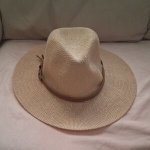 David & Young Packable Straw Fedora Sun Hat Travel Beach Tan OS Like New!